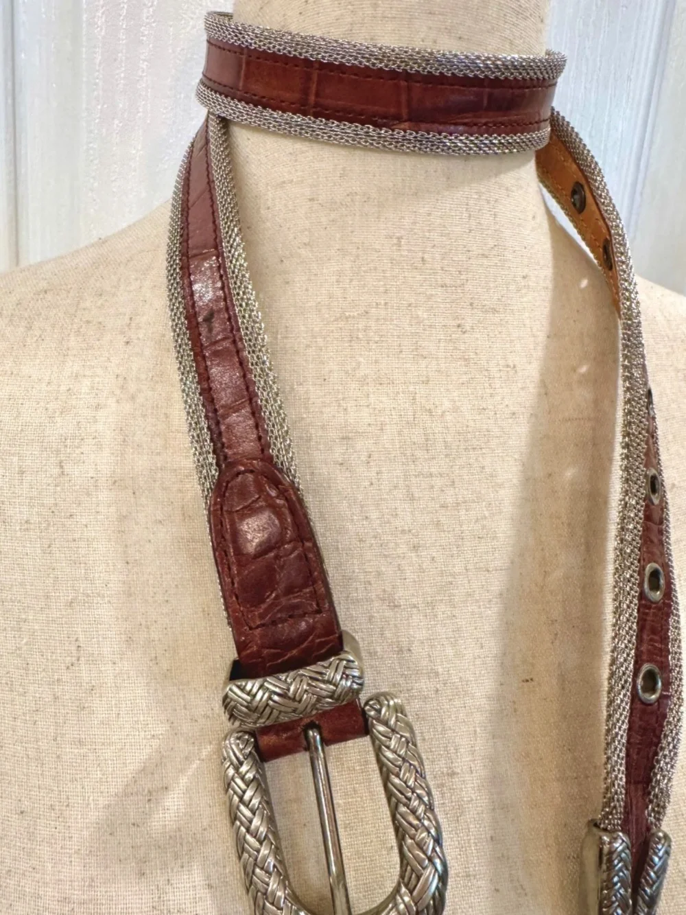 Vintage, Woman's Size Med *High End* Belt, Leather Mock-Croc & Sliver Mesh